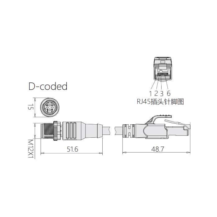 M12 4Pin D-coded、公頭直型轉RJ45公頭直型、雙端預鑄PVC非柔性電纜、帶屏蔽、黃色護套、0C4168-XXX