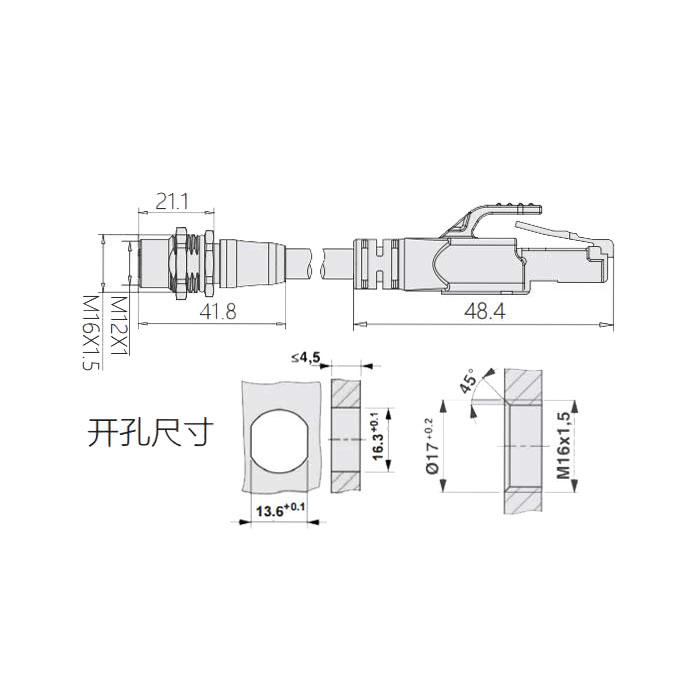 M12 4Pin D-coded、板面法蘭母頭轉(zhuǎn)RJ45公頭直型、雙端預(yù)鑄PVC非柔性電纜、帶屏蔽、黃色護(hù)套、0C4228-XXX